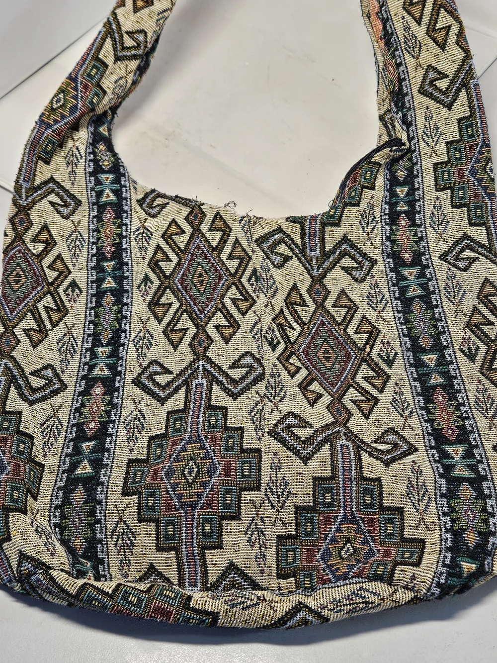 Boho Woven Tapestry Hobo Bag in Cream with Multicolor Aztec Pattern